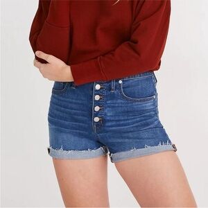 Madewell high rise denim shorts button front facing stretch 3” inseam dark blue